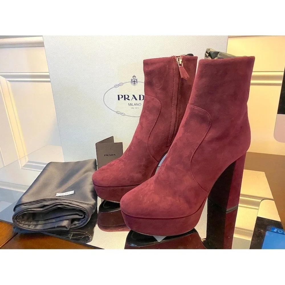 PRADA Milano 1TP221 Womens Burgundy Suede High heel‎ Ankle Boots Shoes, 35.5